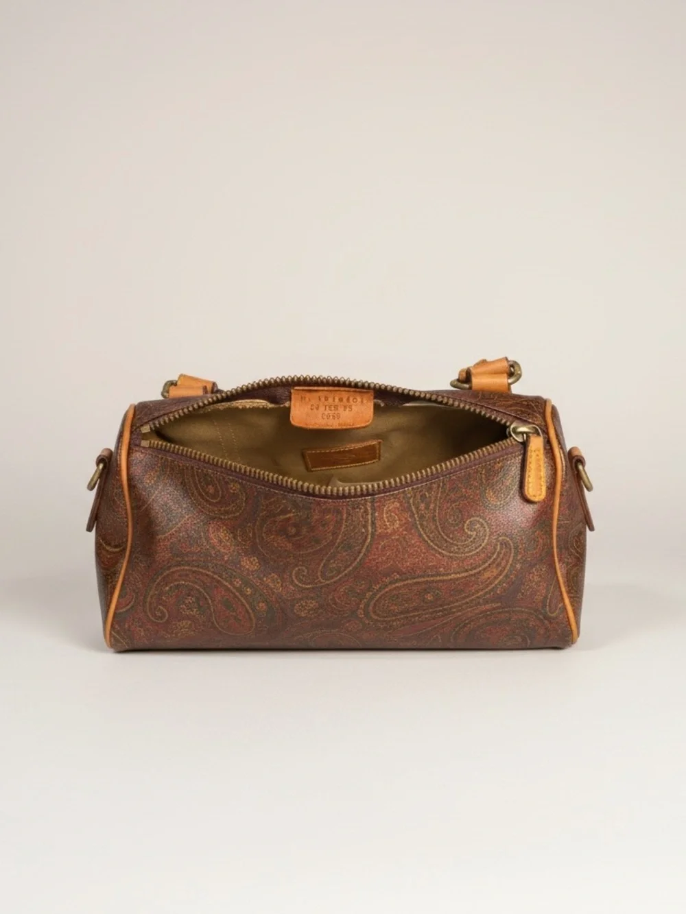 Etro Brown Paisley Barrel Bag with Tan Leather Straps
